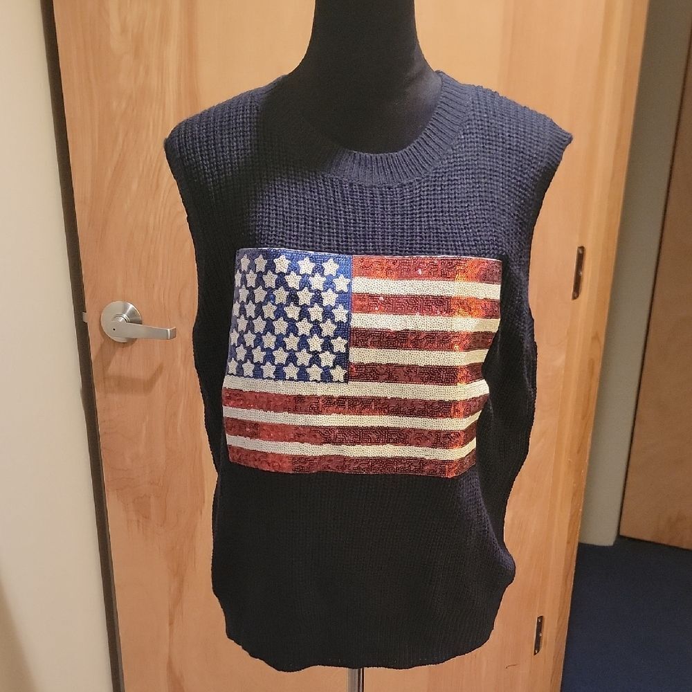 NWOT Navy Blue American Flag Sweater Vest Sz L